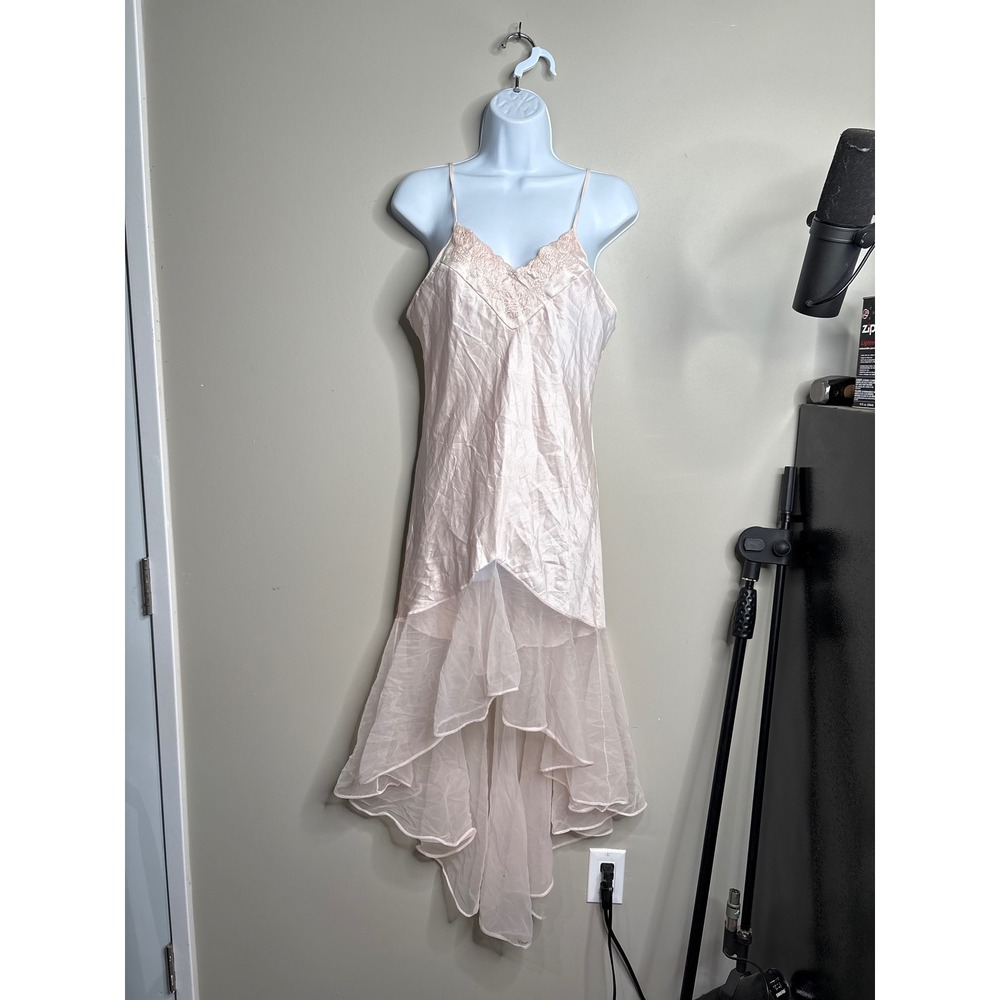 Secret Accents Vintage Pink Satin Lace High Low Ruffle Nightgown Slip Dress S